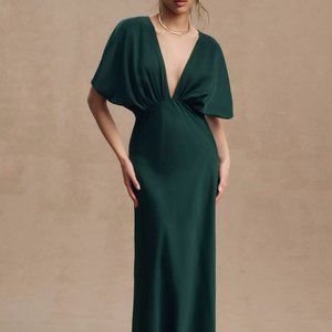 BHLDN Leila Deep Neck Deep-V Flutter-Sleeve Satin A-Line Gown Emerald Green